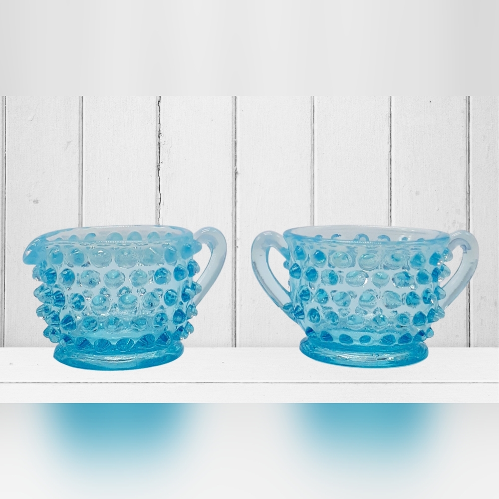 Vintage Fenton Light Blue Turquoise Hobnail Glass Mini Cream and Sugar Set